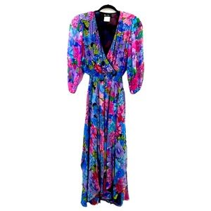 Diane Fres’ all silk and beaded floral watercolor silk ruched waist max …